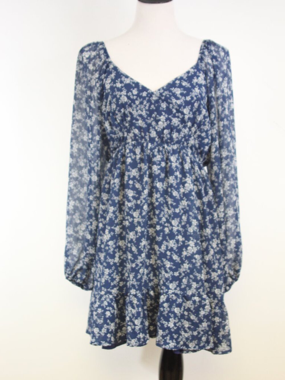 Hesperus Navy Floral Smocked Dress XL Cottagecore Long Sleeve Boho Babydoll‎